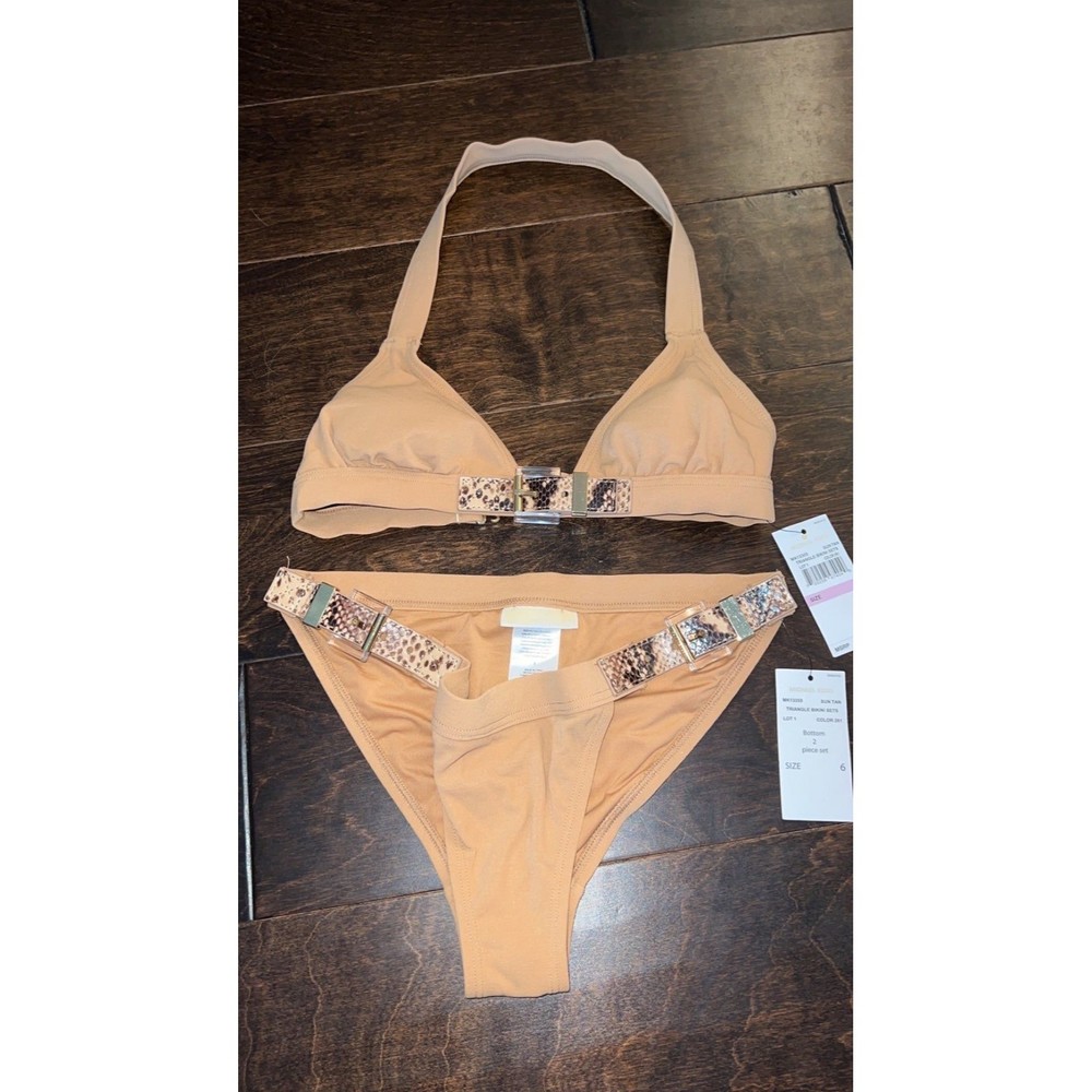 NWT $340 rare Michael Kors MK tan reptile snake print bikini swimsuit set size 6